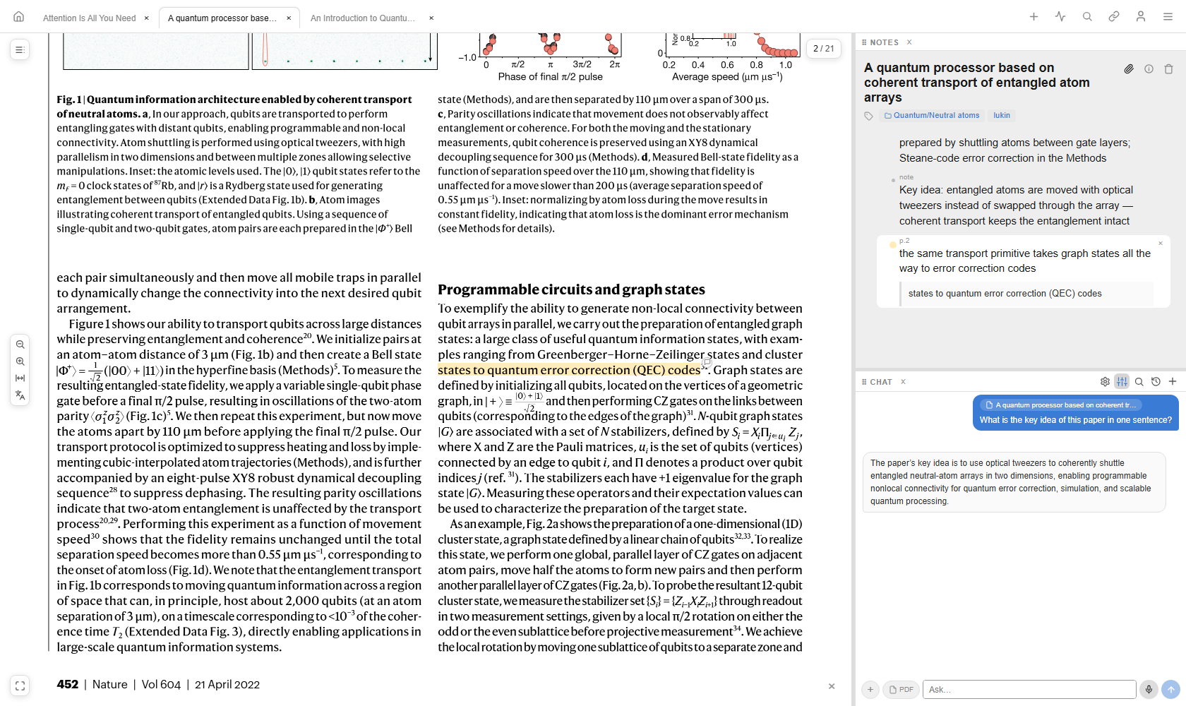 Gamma with a Nature paper open: a highlighted passage on the left, its outliner notes and an AI chat on the right