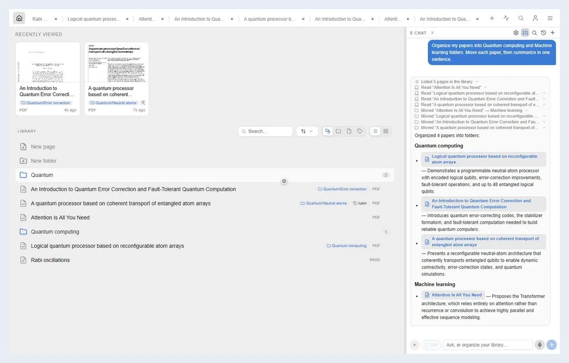 Searching titles and PDF text from home, narrowing with a folder chip, and opening a highlighted match